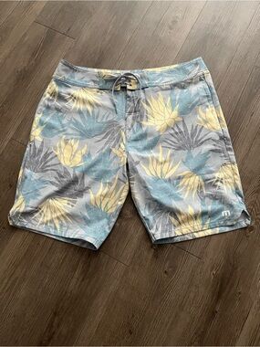 Travis Mathew Tropical Leaf Board Shorts - Blue, Yellow & Gray
